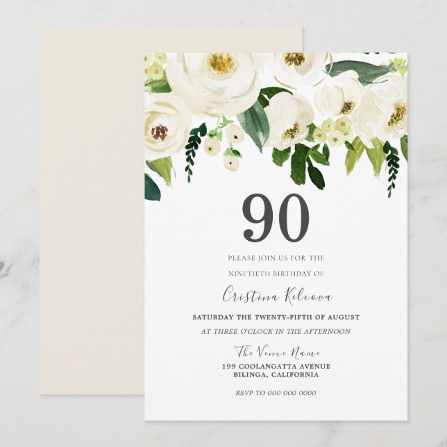 White Flowers & Cream Elegant 90th Birthday Party Invitation (Front/Back)