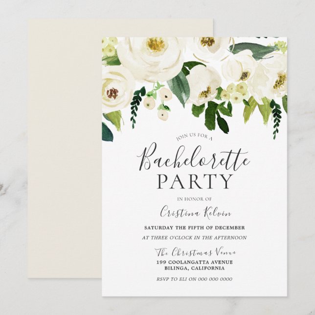 White Flowers & Cream Elegant Bachelorette Party Invitation (Front/Back)