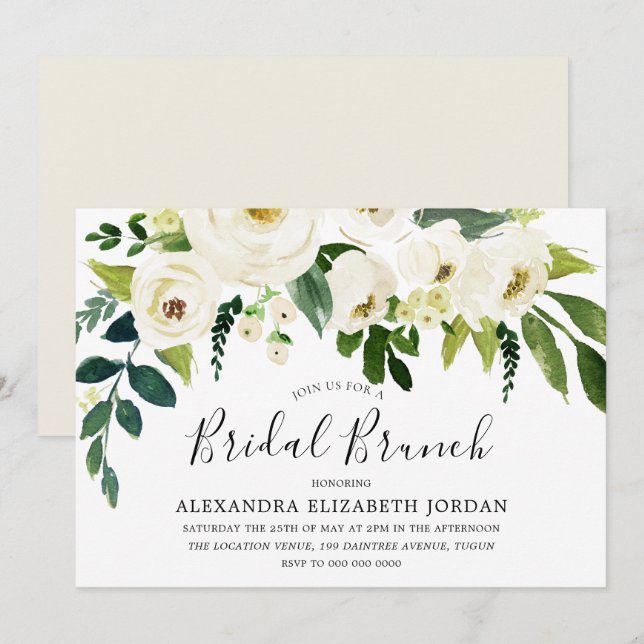 White Flowers & Cream Elegant Bridal Shower Brunch Invitation (Front/Back)