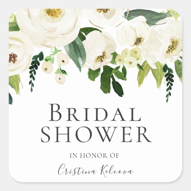 White Flowers & Cream Elegant Bridal Shower Square Sticker (Front)