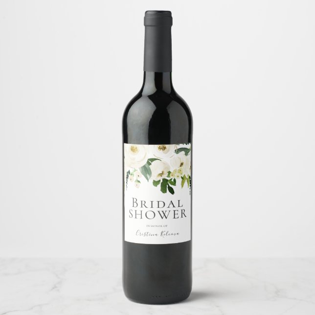 White Flowers & Cream Elegant Bridal Shower Wine Label (Front)