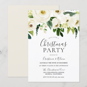 White Flowers & Cream Elegant Christmas Party Invitation