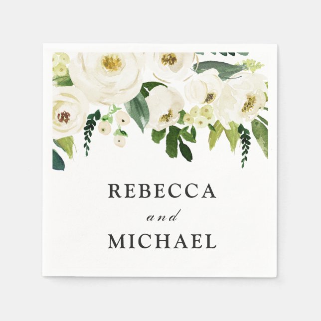 White Flowers & Cream Elegant Wedding Reception Napkin (Front)