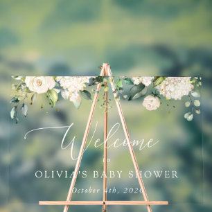 White Flowers, Cream Flowers, Baby Shower Welcome Acrylic Sign