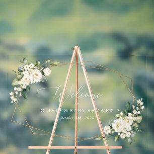 White Flowers, Cream Flowers, Baby Shower Welcome Acrylic Sign