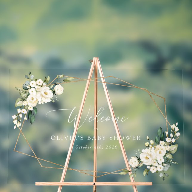 White Flowers, Cream Flowers, Baby Shower Welcome Acrylic Sign (Neutral)