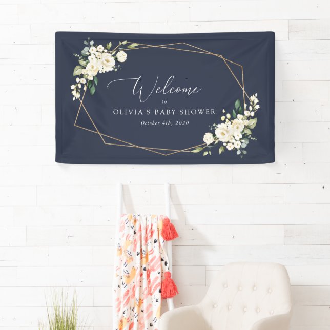 White Flowers, Cream Flowers, Baby Shower Welcome Banner (Insitu)