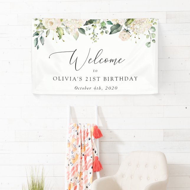 White Flowers, Cream Flowers, Birthday Welcome Banner (Insitu)