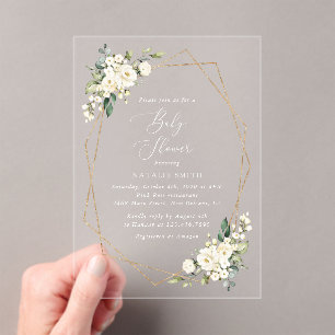 White Flowers, Cream Flowers, Boho, Baby Shower Acrylic Invitations