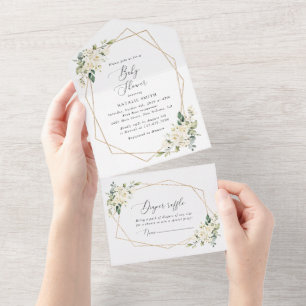 White Flowers, Cream Flowers, Boho, Baby Shower All In One Invitation