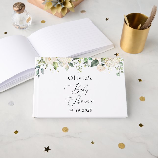 White Flowers, Cream Flowers, Boho, Baby Shower Guest Book (Front Open)