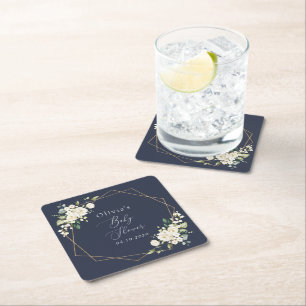 White Flowers, Cream Flowers, Boho, Baby Shower Square Paper Coaster