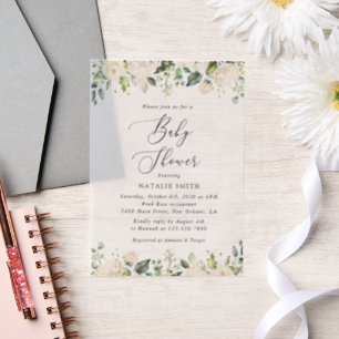 White Flowers, Cream Flowers, Boho, Baby Shower Vellum Invitations