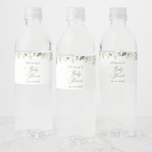 White Flowers, Cream Flowers, Boho, Baby Shower Water Bottle Label