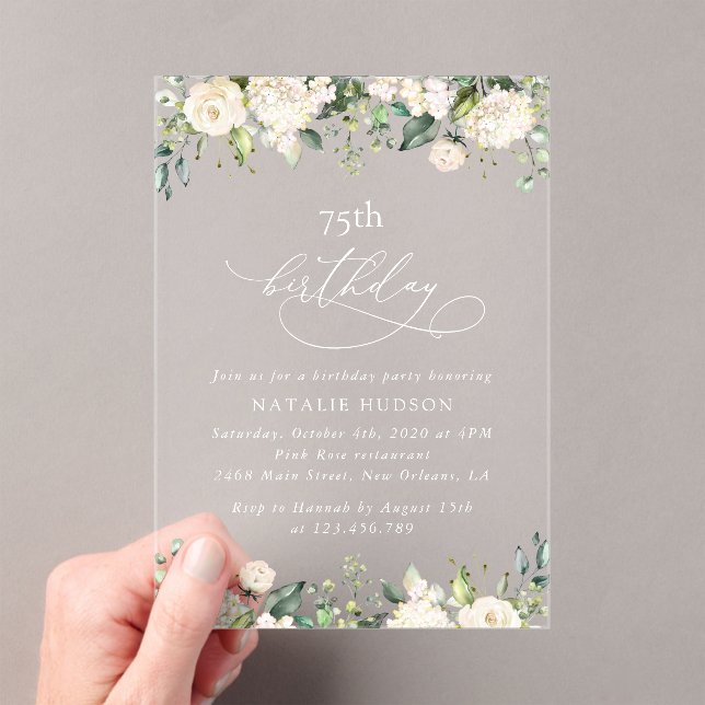 White Flowers, Cream Flowers, Boho, Birthday Acrylic Invitations (Insitu (Handheld))