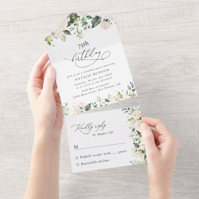 White Flowers, Cream Flowers, Boho, Birthday All In One Invitation (Tearaway)