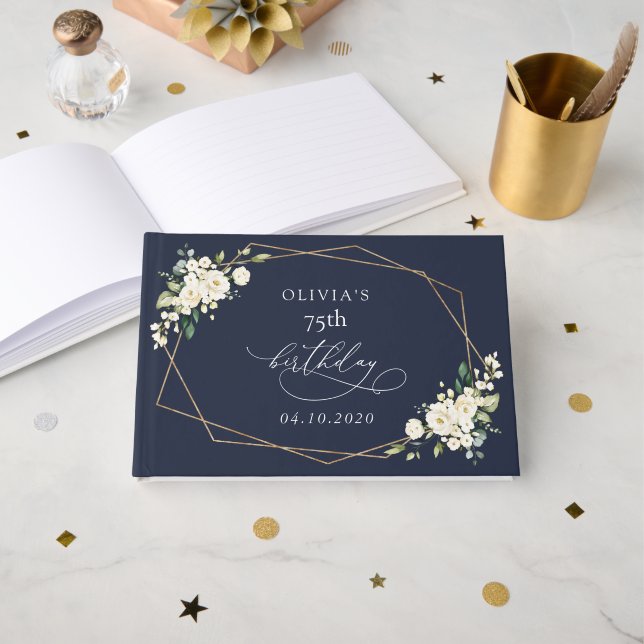 White Flowers, Cream Flowers, Boho, Birthday Guest Book (Front Open)