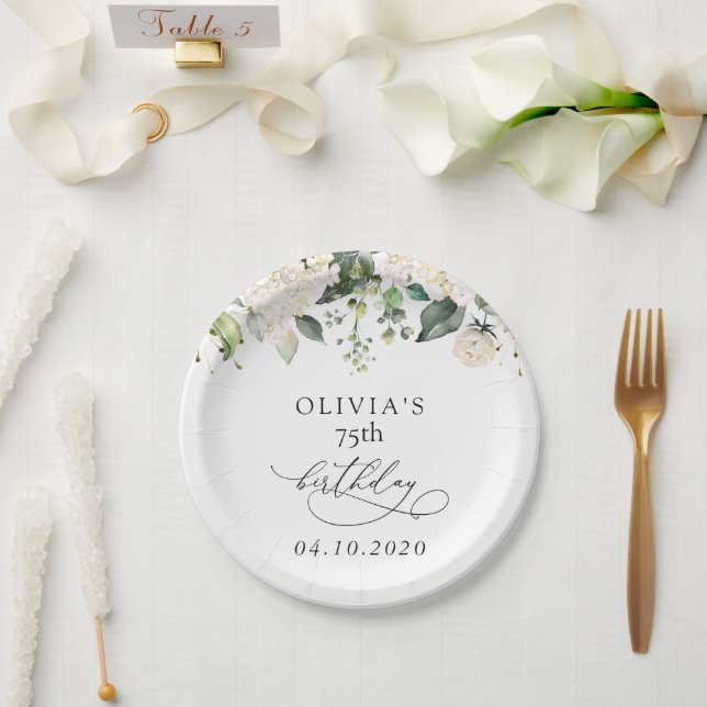 White Flowers, Cream Flowers, Boho, Birthday Paper Plate (Wedding)