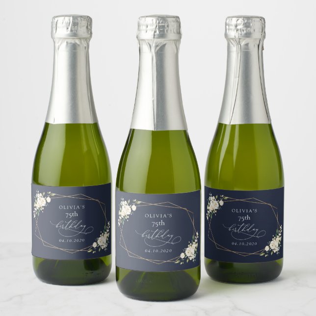 White Flowers, Cream Flowers, Boho, Birthday Sparkling Wine Label (Bottles)