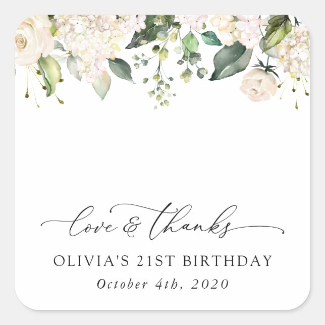 White Flowers, Cream Flowers, Boho, Birthday Square Sticker (Front)