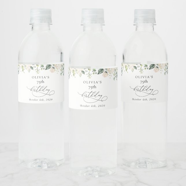 White Flowers, Cream Flowers, Boho, Birthday Water Bottle Label (Bottles)