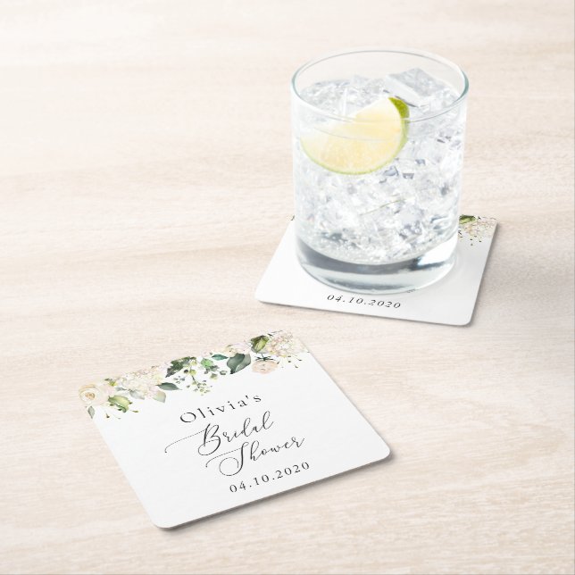 White Flowers, Cream Flowers, Boho, Bridal Shower Square Paper Coaster (Insitu)