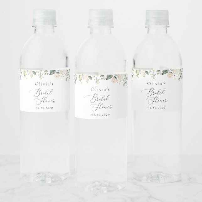 White Flowers, Cream Flowers, Boho, Bridal Shower Water Bottle Label (Bottles)