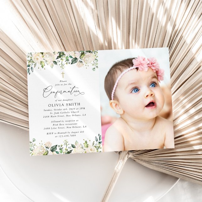 White Flowers, Cream Flowers, Boho, Confirmation Invitation (Creator Uploaded)