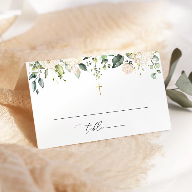 White Flowers, Cream Flowers, Boho, Floral Baptism Place Card (Creator Uploaded)