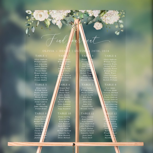 White Flowers, Cream Flowers, Boho, Seating Chart (Neutral)