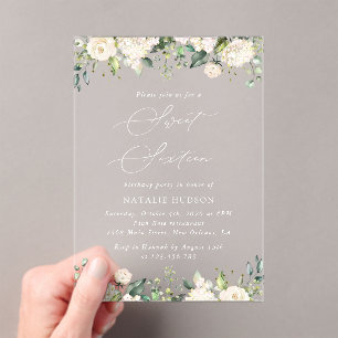 White Flowers, Cream Flowers, Boho, Sweet 16 Acrylic Invitations