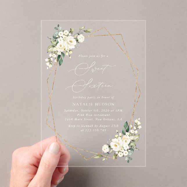 White Flowers, Cream Flowers, Boho, Sweet 16  Acrylic Invitations (Insitu (Handheld))