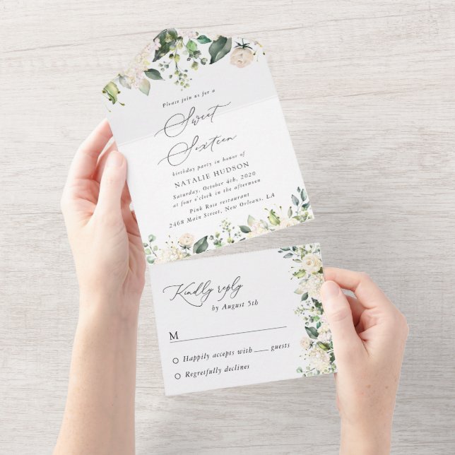 White Flowers, Cream Flowers, Boho, Sweet 16 All In One Invitation (Tearaway)