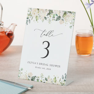 White Flowers, Cream Flowers, Boho, Table Numbers Pedestal Sign
