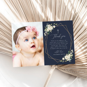 White Flowers, Cream Flowers, Greenery, Baptism Thank You Card