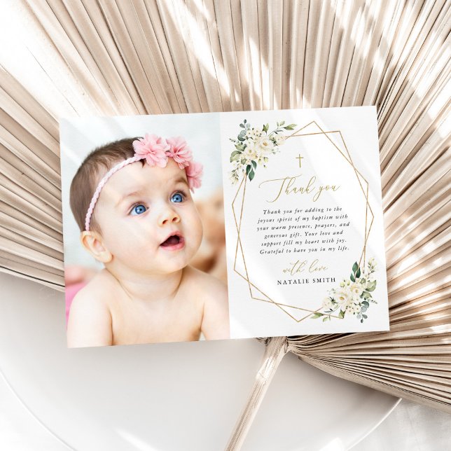 White Flowers, Cream Flowers, Greenery, Baptism Thank You Card (Creator Uploaded)
