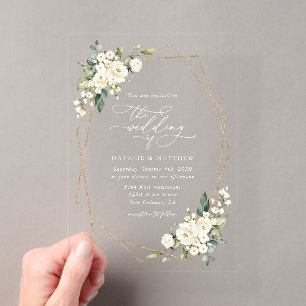 White Flowers, Cream Flowers, Greenery, Wedding Acrylic Invitations