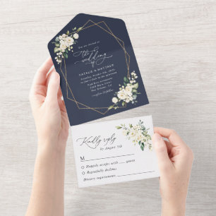 White Flowers, Cream Flowers, Greenery, Wedding All In One Invitation