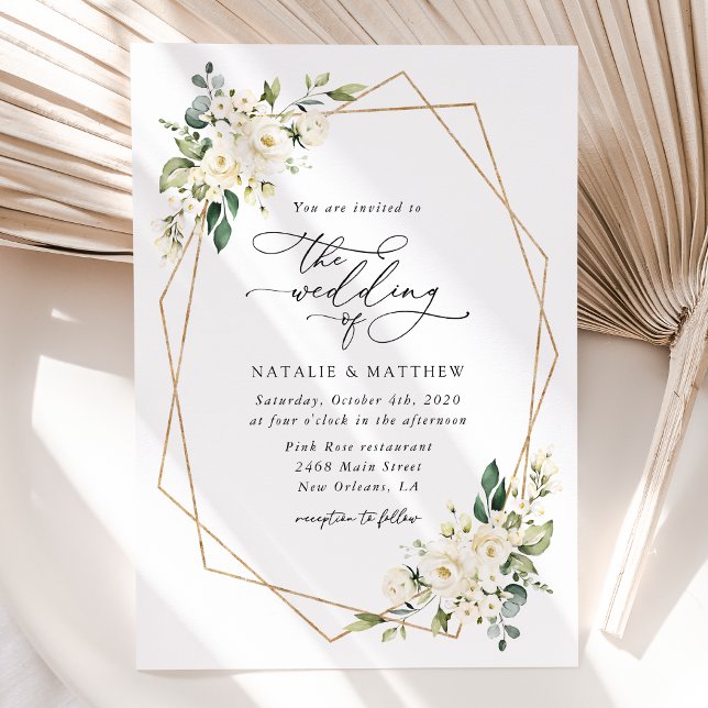 White Flowers, Cream Flowers, Greenery, Wedding Invitation (Creator Uploaded)