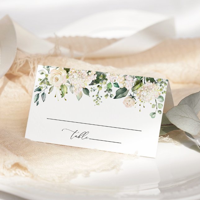 White Flowers, Cream Flowers, Greenery, Wedding Place Card (Creator Uploaded)