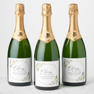 White Flowers, Cream Flowers, Greenery, Wedding Sparkling Wine Label