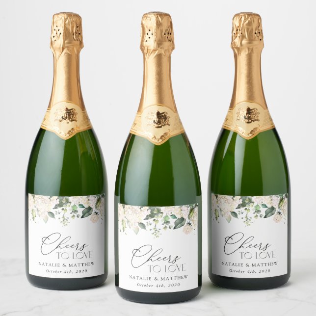 White Flowers, Cream Flowers, Greenery, Wedding  Sparkling Wine Label (Bottles)