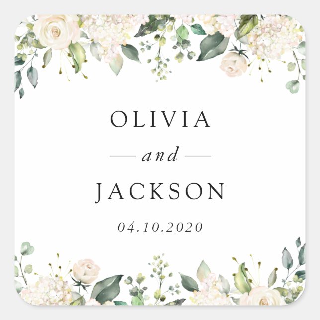 White Flowers, Cream Flowers, Greenery, Wedding  Square Sticker (Front)