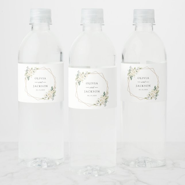 White Flowers, Cream Flowers, Greenery, Wedding Water Bottle Label (Bottles)