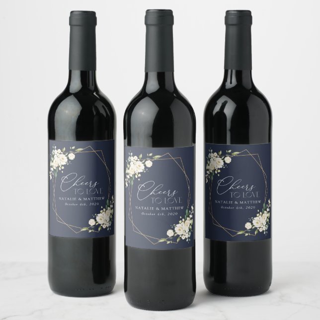 White Flowers, Cream Flowers, Greenery, Wedding Wine Label (Bottles)