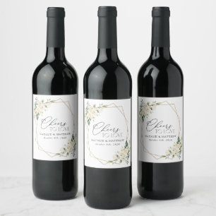 White Flowers, Cream Flowers, Greenery, Wedding Wine Label