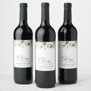 White Flowers, Cream Flowers, Greenery, Wedding  Wine Label
