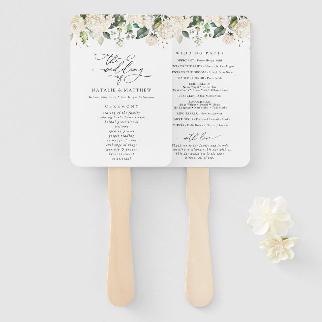 White Flowers, Cream Flowers, Wedding Program Hand Fan (Front and Back)