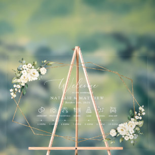 White Flowers, Cream Flowers, Wedding Timeline Acrylic Sign