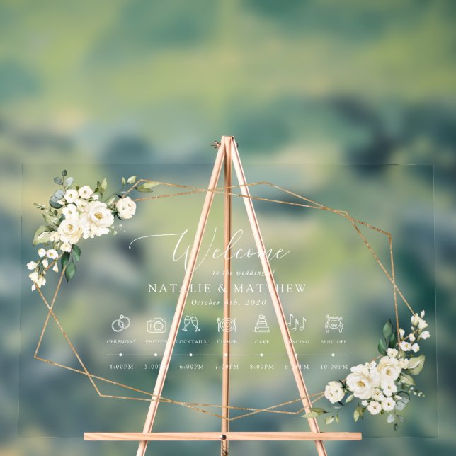 White Flowers, Cream Flowers, Wedding Timeline Acrylic Sign (Neutral)